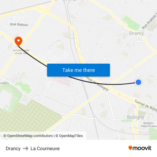 Drancy to La Courneuve map