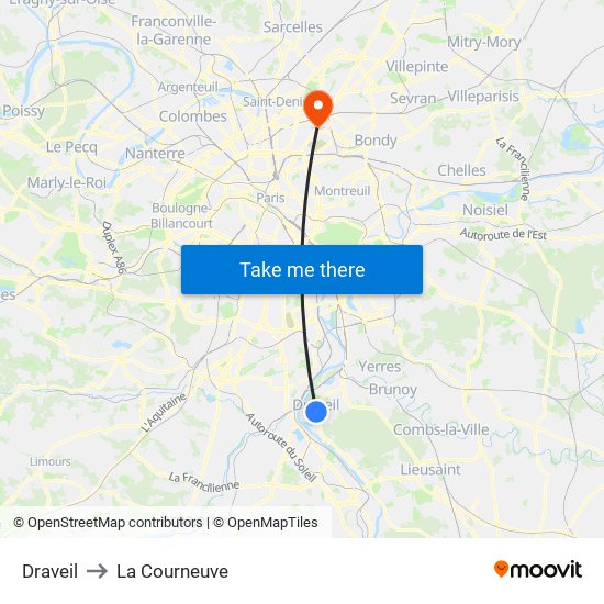 Draveil to La Courneuve map