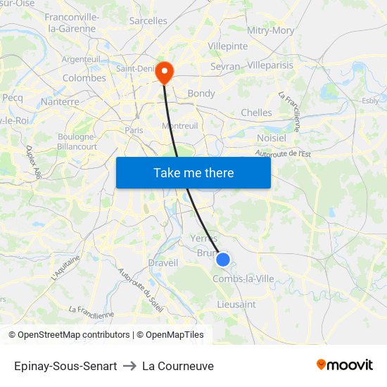 Epinay-Sous-Senart to La Courneuve map