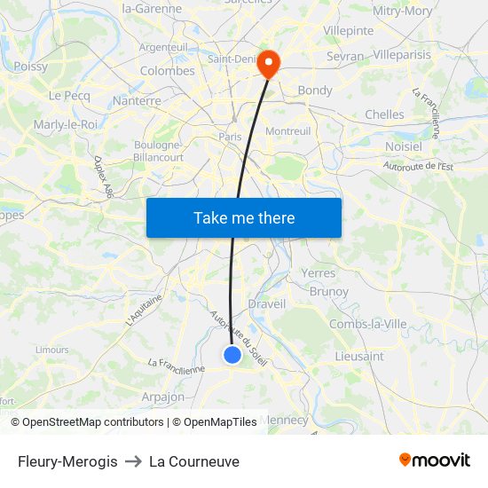 Fleury-Merogis to La Courneuve map