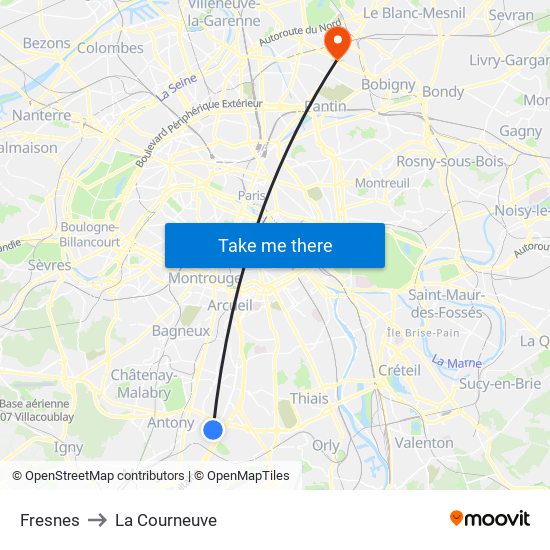 Fresnes to La Courneuve map