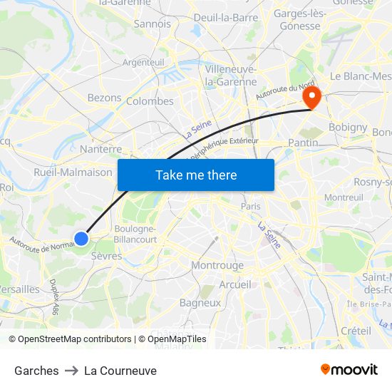 Garches to La Courneuve map