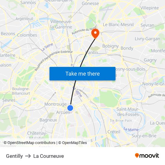 Gentilly to La Courneuve map