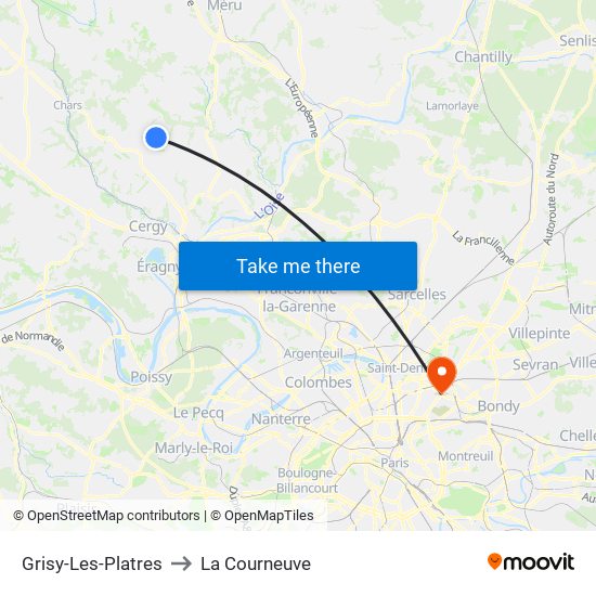 Grisy-Les-Platres to La Courneuve map