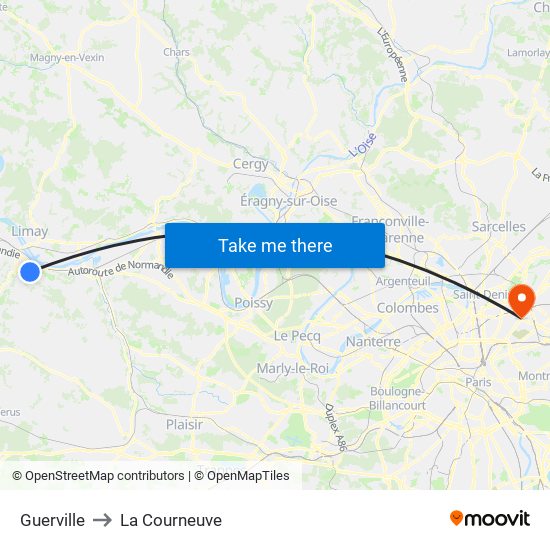 Guerville to La Courneuve map
