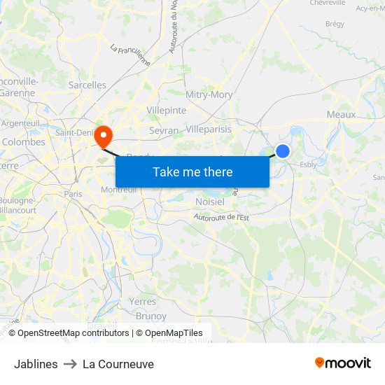 Jablines to La Courneuve map