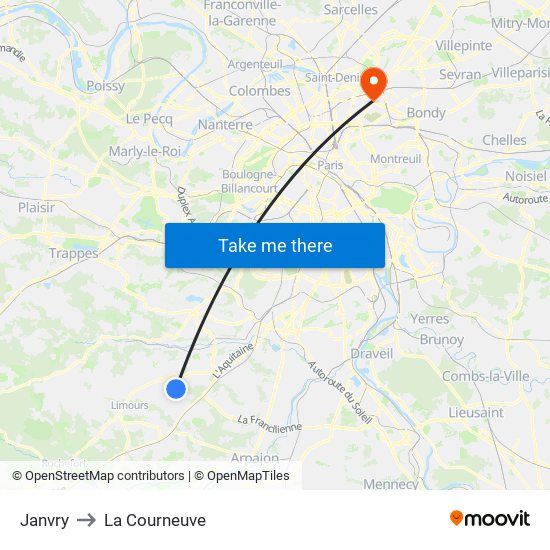 Janvry to La Courneuve map