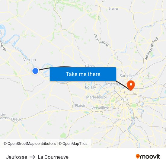 Jeufosse to La Courneuve map