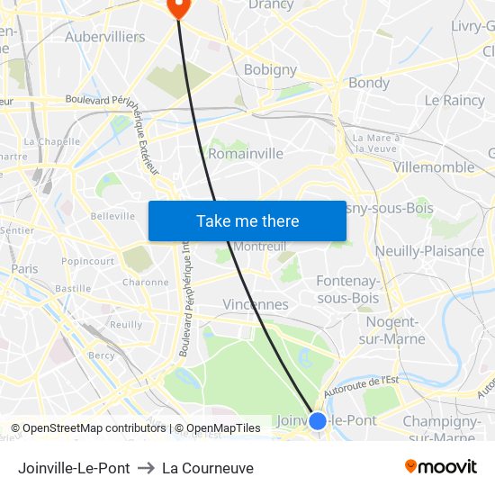 Joinville-Le-Pont to La Courneuve map