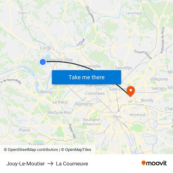 Jouy-Le-Moutier to La Courneuve map