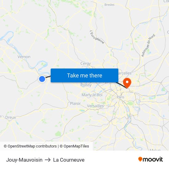 Jouy-Mauvoisin to La Courneuve map