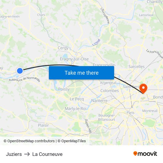 Juziers to La Courneuve map