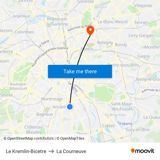 Le Kremlin-Bicetre to La Courneuve map