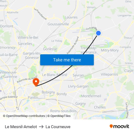 Le Mesnil-Amelot to La Courneuve map