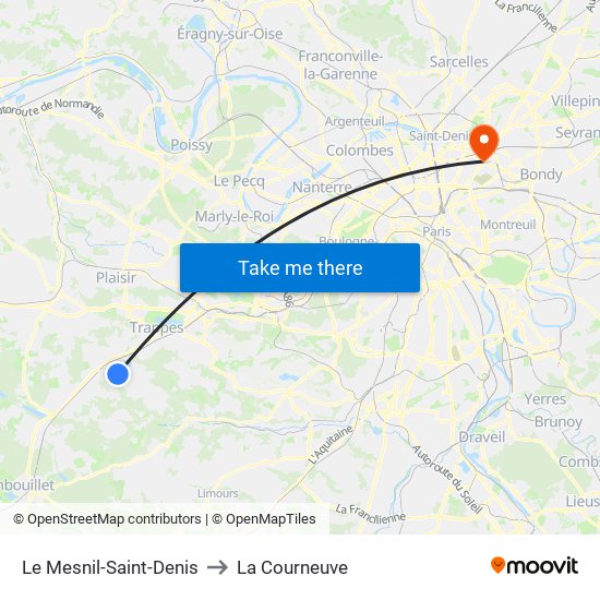 Le Mesnil-Saint-Denis to La Courneuve map