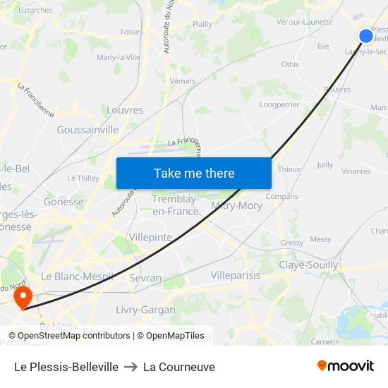 Le Plessis-Belleville to La Courneuve map
