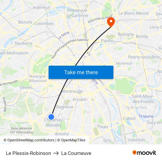 Le Plessis-Robinson to La Courneuve map