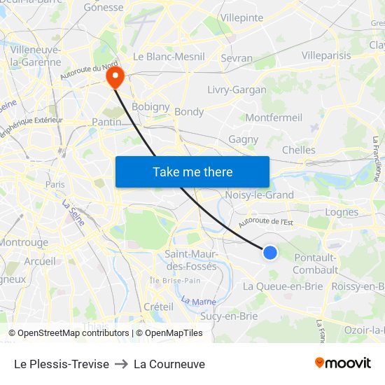 Le Plessis-Trevise to La Courneuve map
