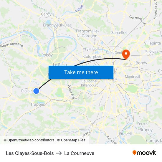 Les Clayes-Sous-Bois to La Courneuve map