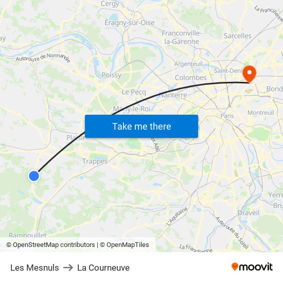 Les Mesnuls to La Courneuve map