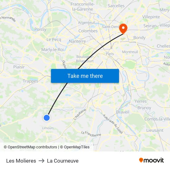 Les Molieres to La Courneuve map