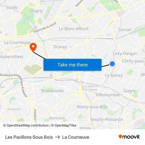 Les Pavillons-Sous-Bois to La Courneuve map