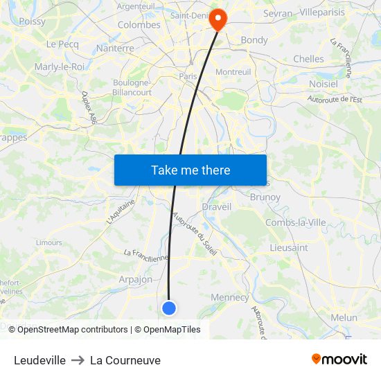 Leudeville to La Courneuve map