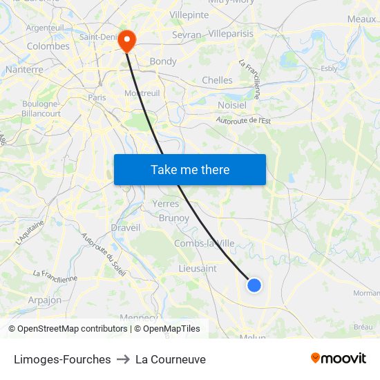Limoges-Fourches to La Courneuve map
