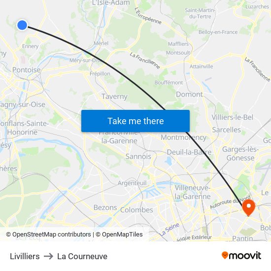 Livilliers to La Courneuve map