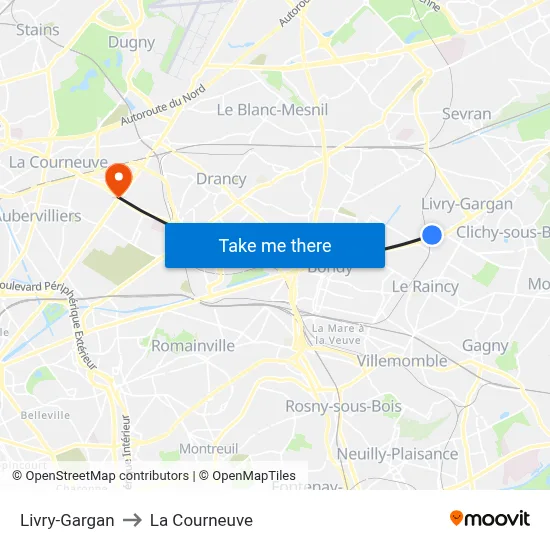 Livry-Gargan to La Courneuve map