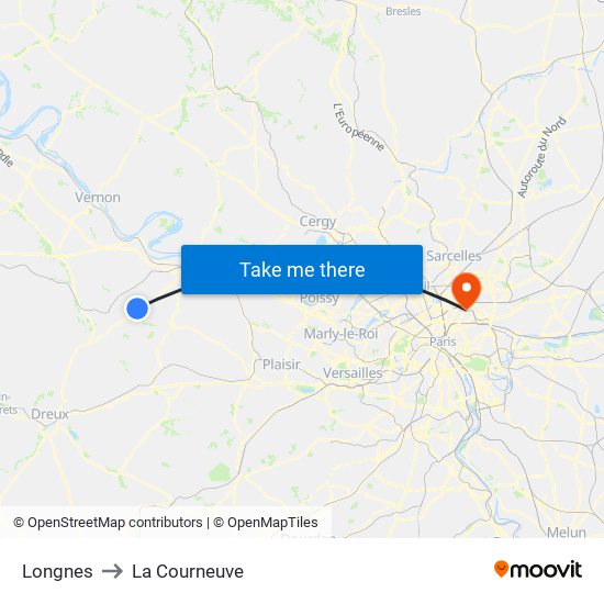 Longnes to La Courneuve map