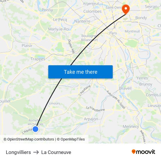 Longvilliers to La Courneuve map