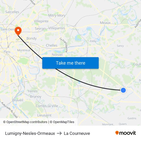 Lumigny-Nesles-Ormeaux to La Courneuve map
