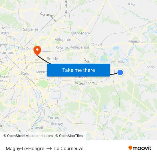 Magny-Le-Hongre to La Courneuve map