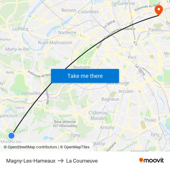 Magny-Les-Hameaux to La Courneuve map