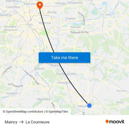 Maincy to La Courneuve map