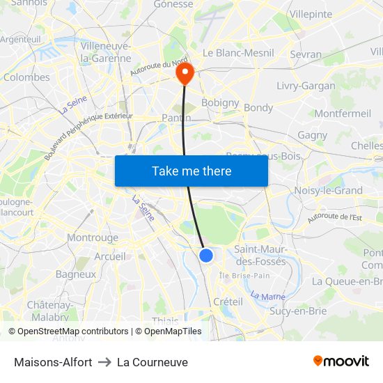 Maisons-Alfort to La Courneuve map