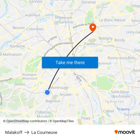 Malakoff to La Courneuve map