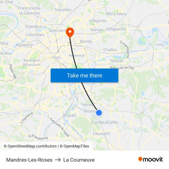 Mandres-Les-Roses to La Courneuve map