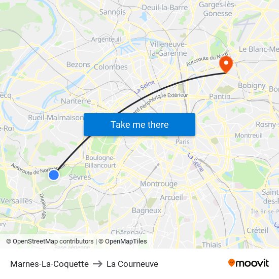 Marnes-La-Coquette to La Courneuve map