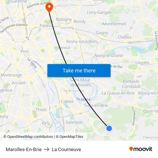 Marolles-En-Brie to La Courneuve map