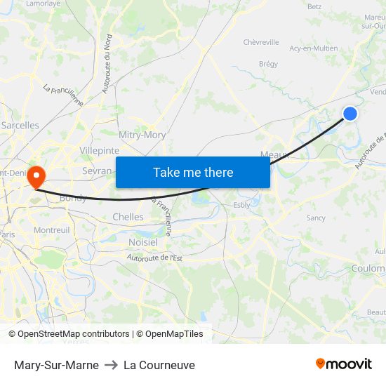 Mary-Sur-Marne to La Courneuve map