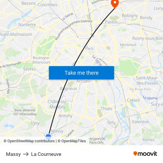 Massy to La Courneuve map