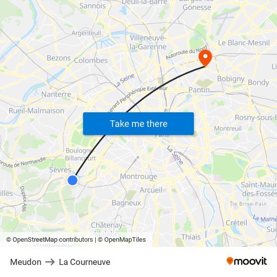 Meudon to La Courneuve map