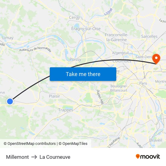 Millemont to La Courneuve map