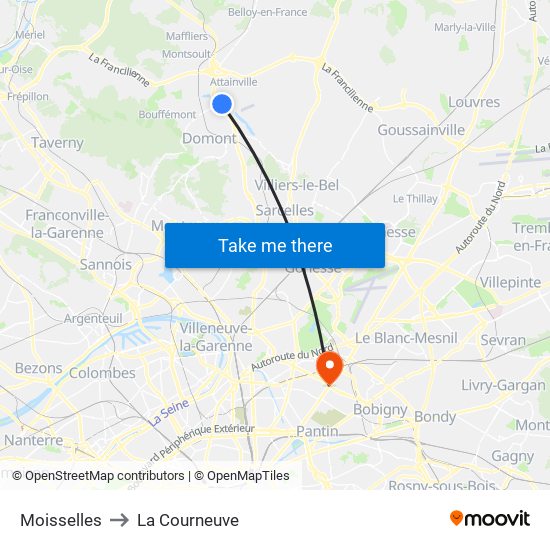 Moisselles to La Courneuve map