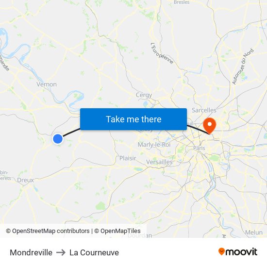 Mondreville to La Courneuve map