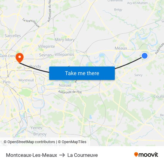 Montceaux-Les-Meaux to La Courneuve map