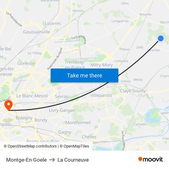 Montge-En-Goele to La Courneuve map