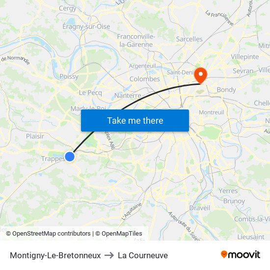 Montigny-Le-Bretonneux to La Courneuve map